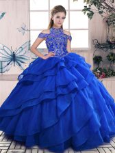 Spectacular High-neck Sleeveless Quinceanera Gowns Floor Length Beading and Ruffled Layers Royal Blue Organza