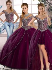 Customized Beading Quinceanera Dress Purple Lace Up Cap Sleeves Brush Train