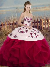 Affordable Sleeveless Tulle Floor Length Lace Up Sweet 16 Dress in White And Red with Embroidery and Ruffles and Bowknot