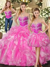 Fantastic Sleeveless Organza Floor Length Lace Up Vestidos de Quinceanera in Rose Pink with Beading and Ruffles
