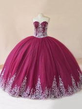 Beauteous Burgundy Ball Gowns Tulle Sweetheart Sleeveless Embroidery Floor Length Lace Up Ball Gown Prom Dress