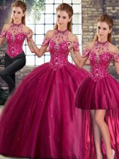 Custom Designed Fuchsia Three Pieces Tulle Halter Top Sleeveless Beading Lace Up Vestidos de Quinceanera Brush Train