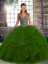 Graceful Green Tulle Lace Up Straps Sleeveless Floor Length Quinceanera Gown Beading and Ruffles