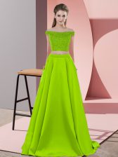  Sleeveless Elastic Woven Satin Sweep Train Backless Prom Dresses in Yellow Green with Beading