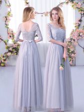 Free and Easy Empire Dama Dress Grey V-neck Tulle Half Sleeves Floor Length Side Zipper