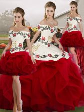 Fantastic White And Red Lace Up Off The Shoulder Embroidery and Ruffles 15 Quinceanera Dress Tulle Sleeveless