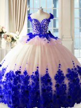 Classical Scoop Sleeveless Satin and Organza Sweet 16 Quinceanera Dress Hand Made Flower Brush Train Zipper