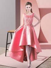 Trendy Watermelon Red Satin Zipper Dama Dress Sleeveless High Low Lace