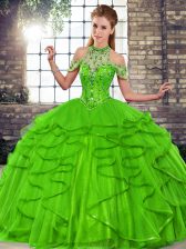 Hot Selling Halter Top Sleeveless 15 Quinceanera Dress Floor Length Beading and Ruffles Green Tulle