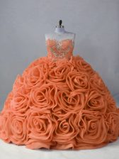 Custom Designed Orange Sweetheart Lace Up Beading Quinceanera Gown Brush Train Sleeveless