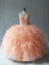 Beautiful Ball Gowns Vestidos de Quinceanera Peach Scoop Organza Sleeveless Floor Length Lace Up
