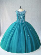  Scoop Sleeveless 15th Birthday Dress Floor Length Beading Teal Tulle