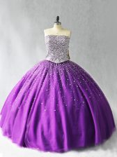 Dramatic Purple Strapless Lace Up Beading Quinceanera Dresses Sleeveless
