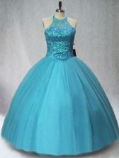  Floor Length Lace Up 15th Birthday Dress Teal for Sweet 16 and Quinceanera with Beading
