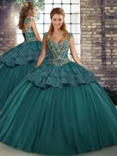  Green Ball Gowns Tulle Straps Sleeveless Beading and Appliques Floor Length Lace Up 15th Birthday Dress