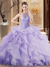  Halter Top Sleeveless Organza Quinceanera Dress Beading and Ruffles Sweep Train Lace Up