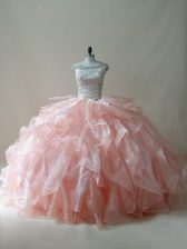 Superior Organza Off The Shoulder Sleeveless Zipper Beading and Ruffles 15 Quinceanera Dress in Peach
