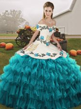 Best Selling Floor Length Teal Quinceanera Dresses Off The Shoulder Sleeveless Lace Up