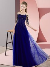 Sexy Blue Chiffon Lace Up Dama Dress Half Sleeves Floor Length Beading and Lace