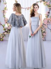 Glorious Grey Sleeveless Appliques Floor Length Damas Dress