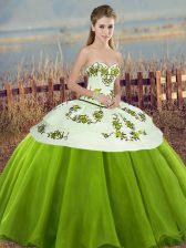 Shining Olive Green Lace Up Ball Gown Prom Dress Embroidery and Bowknot Sleeveless Floor Length