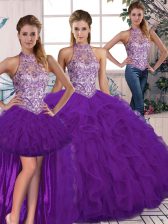  Halter Top Sleeveless Tulle 15 Quinceanera Dress Beading and Ruffles Lace Up