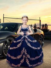  Navy Blue Sleeveless Floor Length Embroidery Lace Up Little Girls Pageant Dress Wholesale