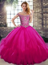 Modern Fuchsia 15 Quinceanera Dress Military Ball and Sweet 16 and Quinceanera with Beading and Ruffles Off The Shoulder Sleeveless Lace Up