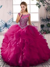  Scoop Sleeveless Sweet 16 Quinceanera Dress Floor Length Beading and Ruffles Fuchsia Organza