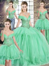Affordable Sleeveless Tulle Floor Length Lace Up Quinceanera Dresses in Apple Green with Beading and Ruffles