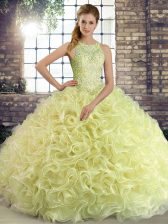 Romantic Yellow Green Lace Up Scoop Beading Quinceanera Dress Fabric With Rolling Flowers Sleeveless