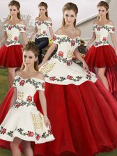 Modern Floor Length Lace Up Sweet 16 Dress White And Red for Military Ball and Sweet 16 and Quinceanera with Embroidery