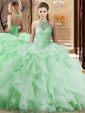 On Sale Apple Green Quinceanera Dresses Organza Brush Train Sleeveless Beading and Ruffles