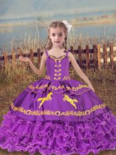  Eggplant Purple Organza Lace Up Straps Sleeveless Floor Length Child Pageant Dress Beading and Embroidery and Ruffled Layers