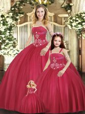  Floor Length Red Sweet 16 Quinceanera Dress Strapless Sleeveless Lace Up