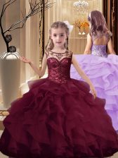 Popular Scoop Sleeveless Little Girls Pageant Dress Brush Train Beading and Ruffles Burgundy Organza