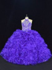  Organza Halter Top Sleeveless Lace Up Beading and Ruffles 15th Birthday Dress in Purple