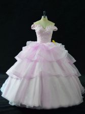  Lilac Lace Up Off The Shoulder Beading and Ruffled Layers Quinceanera Dress Organza Sleeveless Brush Train