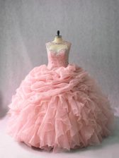  Ball Gowns Sleeveless Pink Quinceanera Gowns Brush Train Lace Up