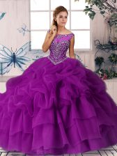 Adorable Sleeveless Brush Train Beading and Pick Ups Zipper Ball Gown Prom Dress