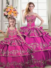  Floor Length Fuchsia Ball Gown Prom Dress Satin and Organza Sleeveless Ruffled Layers