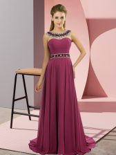  Fuchsia Sleeveless Chiffon Brush Train Zipper Prom Dresses for Prom and Party