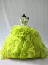 Dramatic Scoop Sleeveless Lace Up Quinceanera Gowns Yellow Green Organza
