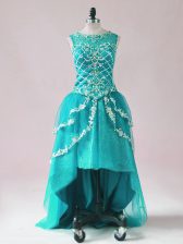 Adorable Teal Tulle Zipper Evening Dress Sleeveless High Low Beading and Appliques