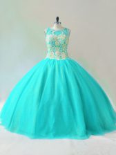  Aqua Blue Ball Gowns Beading Sweet 16 Dresses Lace Up Tulle Sleeveless Floor Length
