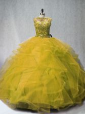 New Style Olive Green Sleeveless Beading and Ruffles Lace Up 15th Birthday Dress