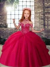 Elegant Ball Gowns Little Girls Pageant Dress Hot Pink Halter Top Tulle Sleeveless Floor Length Lace Up