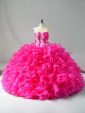  Hot Pink Sleeveless Appliques and Ruffles Lace Up Sweet 16 Dresses