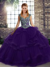 Fancy Purple Straps Lace Up Beading and Ruffles Quinceanera Gowns Sleeveless