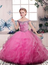  Pink Ball Gowns Tulle V-neck Sleeveless Beading and Ruffles Floor Length Lace Up Little Girls Pageant Gowns